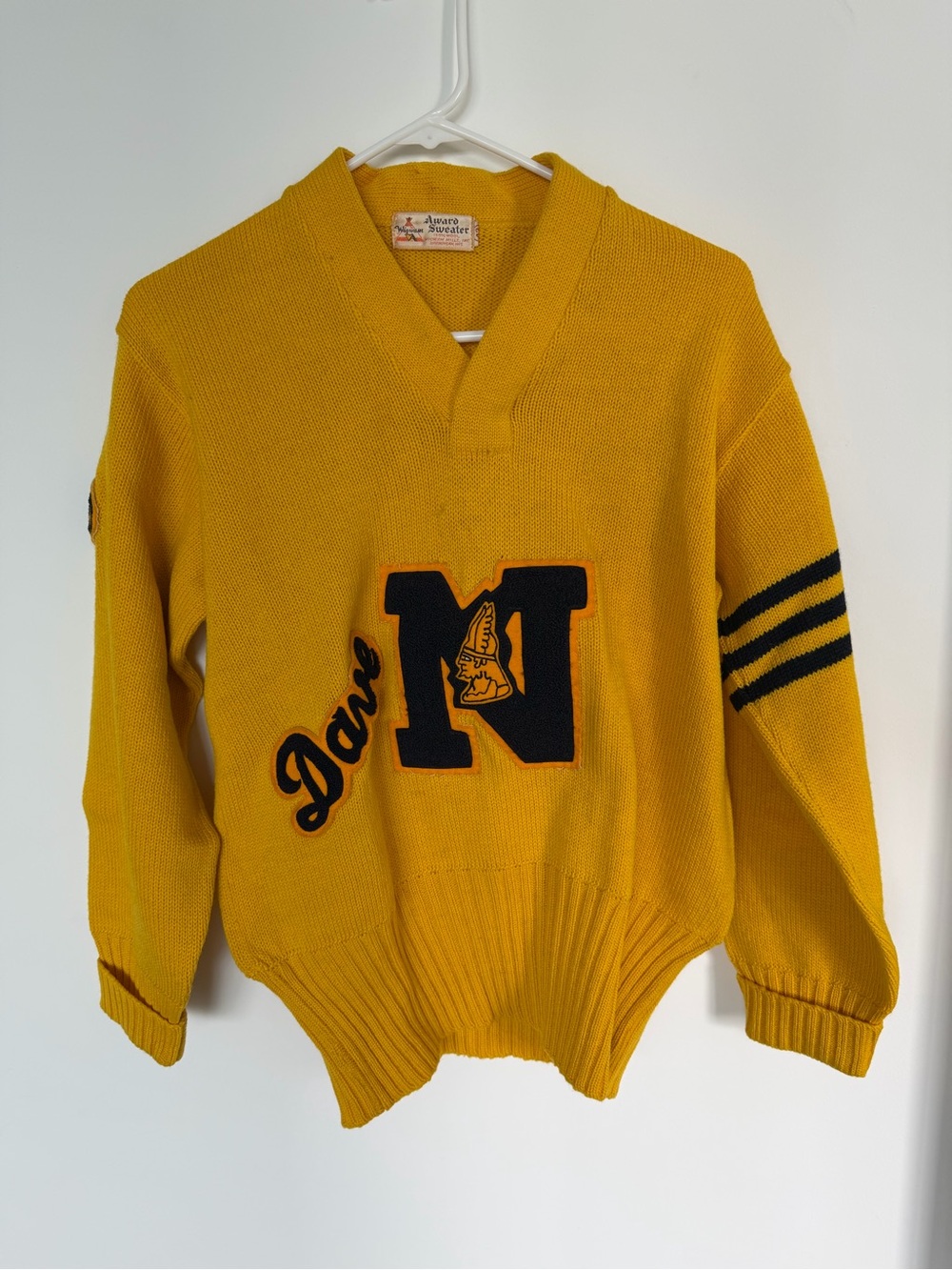 Vintage Yellow Letterman-Style Men’s Sweater with N Patch
